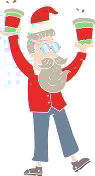 flat color illustration of a cartoon man with coffee cups at christmas vector