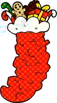 cartoon doodle christmas stocking stuffed with toys vector