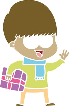 happy flat color style cartoon boy with present vector