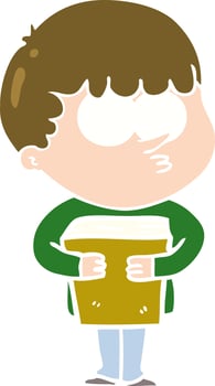 flat color style cartoon curious boy holding a book vector
