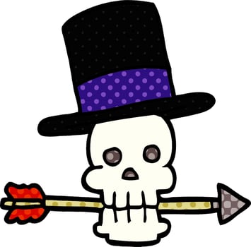 cartoon doodle skull with top hat and arrow vector