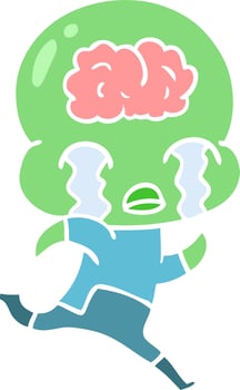 flat color style cartoon big brain alien crying vector