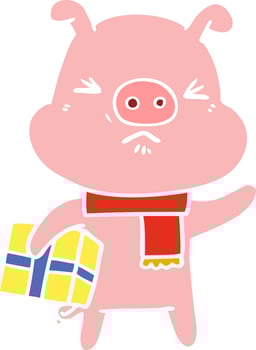 flat color style cartoon angry pig with christmas present vector