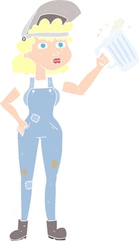 flat color illustration of hard working woman with beer vector