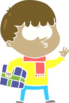 flat color style cartoon curious boy carrying a gift vector