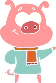 happy flat color style cartoon pig wearing warm clothes vector