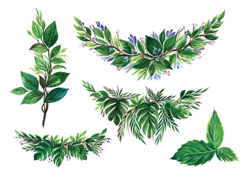 Beautiful bunch green watercolor leaf set design vector