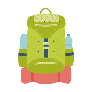 Tourist backpack with thermos, bottle and travel mat. Equipment for fishing, tourism, travel, camping, hiking. Flat vector illustration isolated on a white background.