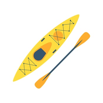 A plastic kayak with a paddle. Rowing boat for fishing, tourism, travel, active water sports. Top view. Flat vector illustration isolated on a white background.