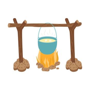 A pot of boiling soup on a burning wood fire. A fire pit with stones. Cooking in the wild, camping, hiking, traveling. Flat vector illustration isolated on a white background.