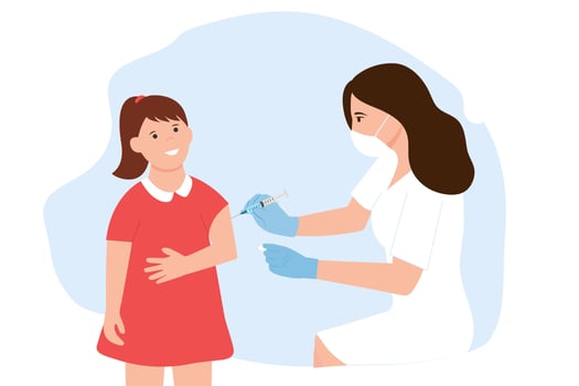 Vaccine children.  Doctor or nurse holds an injection vaccination kid.  Vaccination concept. Healthcare and immunize. Vector illustration.