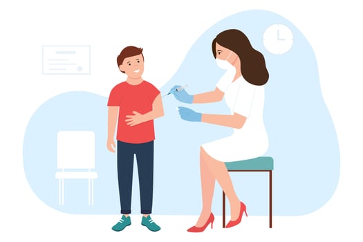 Doctor pediatrician makes an injection to a kid in hospital. Child vaccination concept for immunity health. Healthcare and immunize. Vector illustration