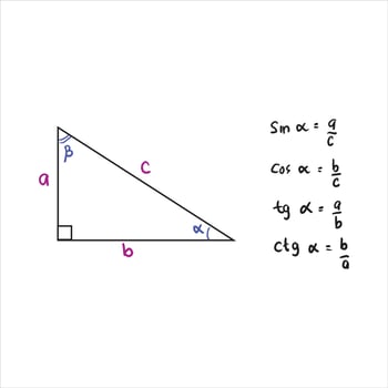 Basic trigonometric identities. The formula for calculating sine A, cosine A, tangent A, cotangent A. Right-angled triangle. Education, school programs. Higher mathematics. Handwritten math text. vector