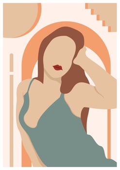 Sexy Woman poster exotic tropical houseplant in antique vases. woman illustration for poster, banner, placard, print, canvas in earth tone. vector