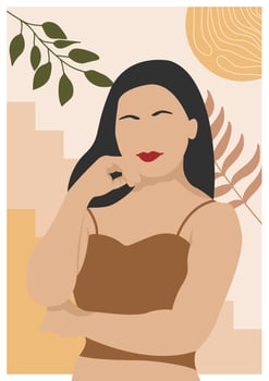 Beautiful Abstract Afro American woman in fashion brown dress. Pastel Tropical leaves background. Modern minimalist female portrait vector