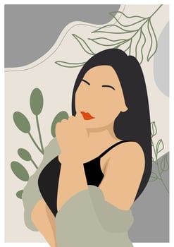 Beautiful Abstract Afro American woman in fashion brown dress. Pastel Tropical leaves background. Modern minimalist female portrait vector