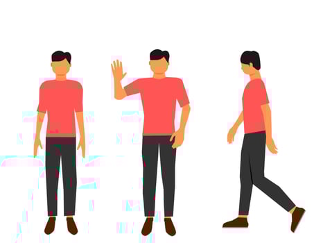 set of a young man walking and said hello. Illustration vector character no face