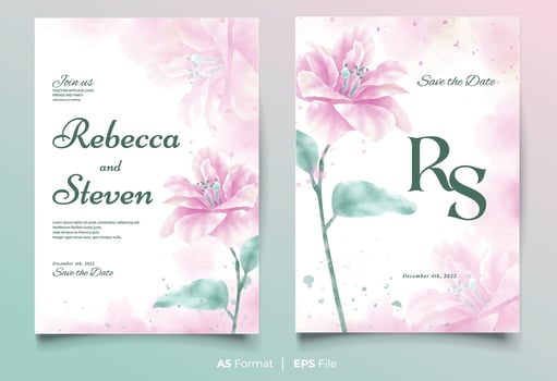 Watercolor wedding invitation template with pink and green flower ornament vector
