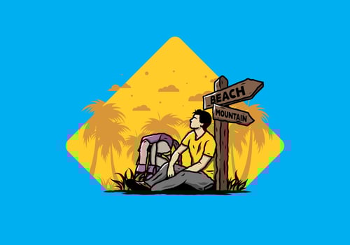 Man sit on the ground beside the way sign beach and mountain illustration vector