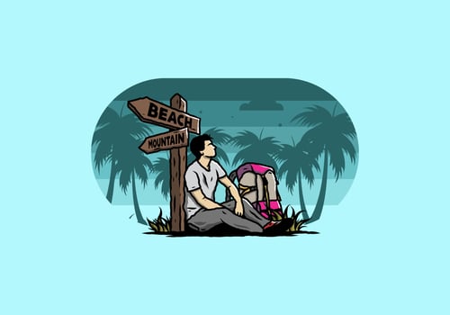 Man sit on the ground beside the way sign beach and mountain illustration vector