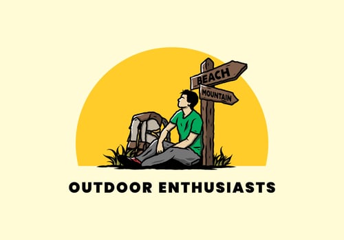 Man sit on the ground beside the way sign beach and mountain illustration vector