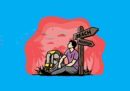 Man sit on the ground beside the way sign beach and mountain illustration vector