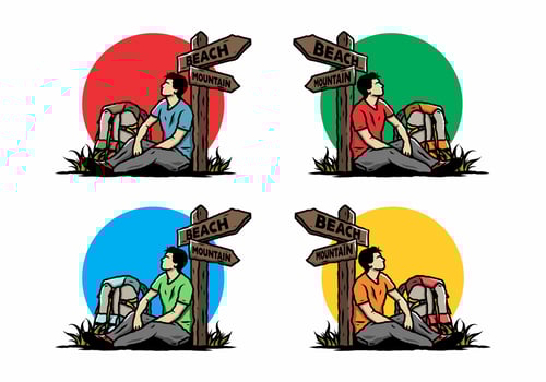 Man sit on the ground beside the way sign beach and mountain illustration vector