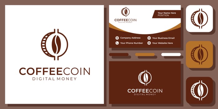 Coffee Coin Business Investment Crypto Currency Finance Drink Vector Logo Design with Business Card
