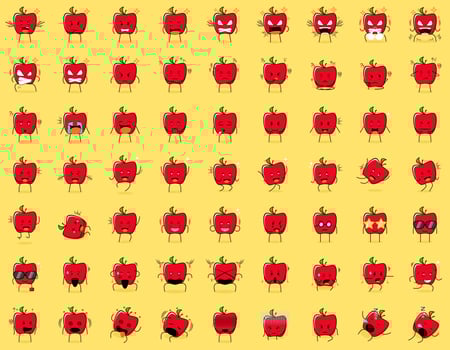 Set of cute red apple character with angry expression, thinking, crying, sad, confused, flat, happy, scared, shocked, dizzy, hopeless, sleeping. suitable for emoticon and mascot vector