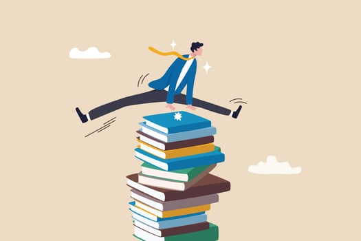 Education or knowledge, challenge to read books or study new skill, wisdom or intelligence for career opportunity concept, smart businessman jump over high books stack. vector