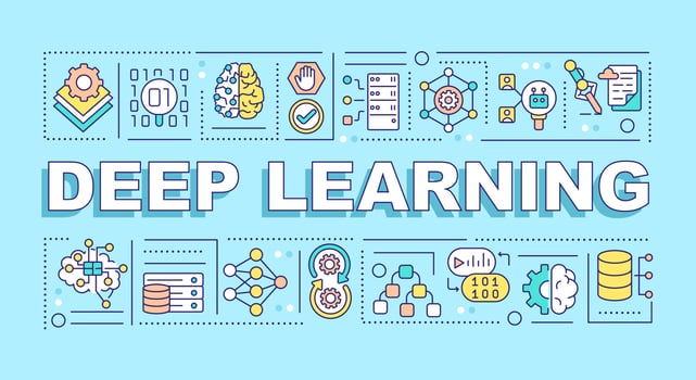 Deep learning word concepts blue banner. Neural network. Machine learning. Infographics with icons on color background. Isolated typography. Vector illustration with text.