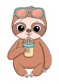 Sloth in sun glasses with smoothie drink summer vector illustration