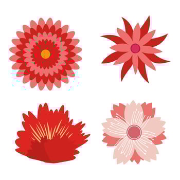Set of flat RED cherry flower icons in silhouette isolated on white. Cute retro design in bright colors for stickers, labels, tags, gift wrapping paper vector