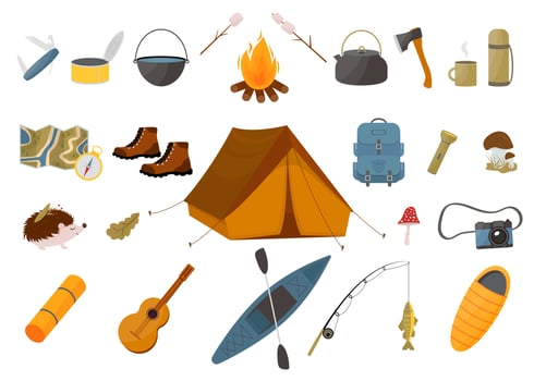 Set of tourist equipment - tent, backpack, sleeping bag, fishing rod, kayak and other items. Camping and hiking collection. Trekking equipment. vector