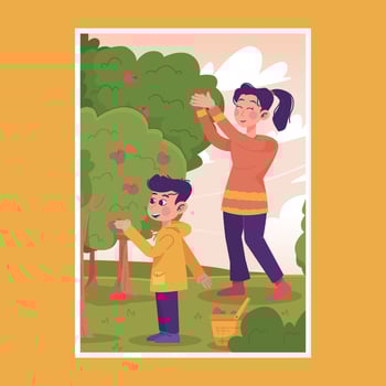 Boy and Mom Picking Apples vector