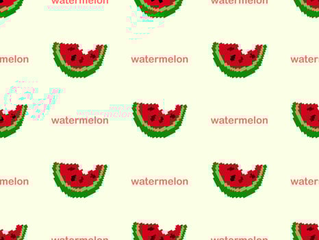 Watermelon cartoon character seamless pattern on yellow background. Pixel style vector