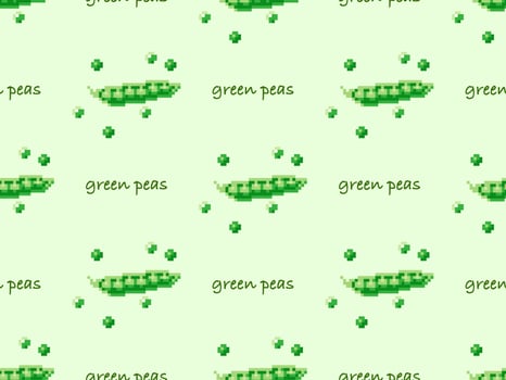Green peas cartoon character seamless pattern on green background. Pixel style vector