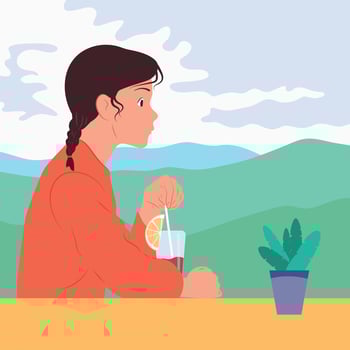 The girl drinks a drink at the table. Mountain landscape against the background of white clouds. vector