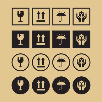 Set of black fragile icons on cardboard, square and round shape vector