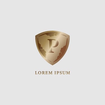 Letter P alphabet logo design template. Luxury gold decorative shield sign illustration. Initial abjad company logo. Security, protection logo concept isolated on light gray background vector