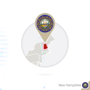 New Hampshire US State map and flag in circle. Map of New Hampshire, New Hampshire flag pin. Map of New Hampshire in the style of the globe. vector