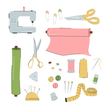 Set of sewing tools. Needlework, handicrafts, hobbies. Fashion designer, dressmaker. Vector illustration on a white background