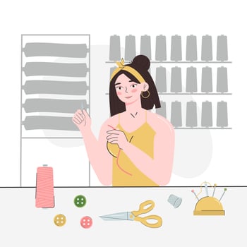 A young woman threads a needle. A seamstress's workplace. Fashion designer, dressmaker. Needlework, hobbies, home leisure. Vector illustration isolated on a white background