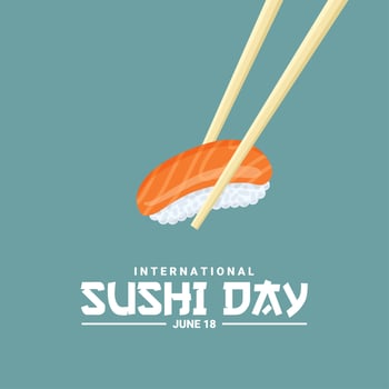 Vector illustration, a piece of sushi on chopsticks, as a banner, poster or template, international sushi day.