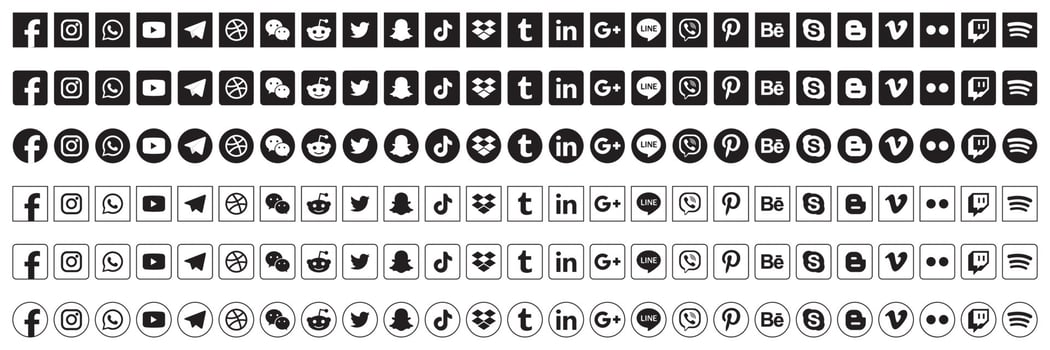 Set popular social media icons. Facebook, instagram, twitter, youtube, pinterest, behance, google, linkedin, whatsap, snapchat and many more. Editorial vector illustration