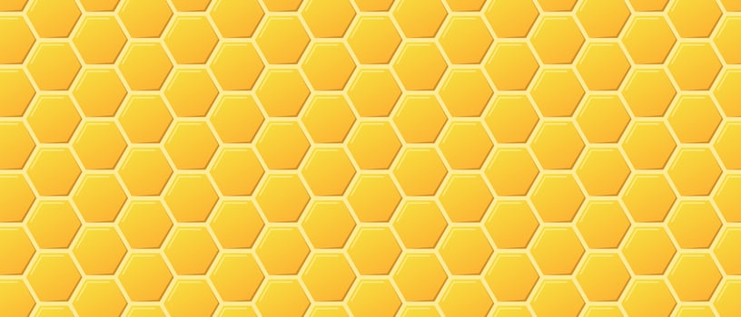 Golden honeyed comb grid texture and geometric hive hexagonal honeycombs. Gold honey hexagonal cells seamless texture. Honeycombs bright background. Vector illustration
