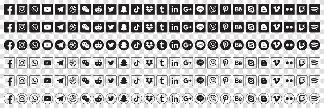 Set popular social media icons. Facebook, instagram, twitter, youtube, pinterest, behance, google, linkedin, whatsap, snapchat and many more. Editorial vector illustration