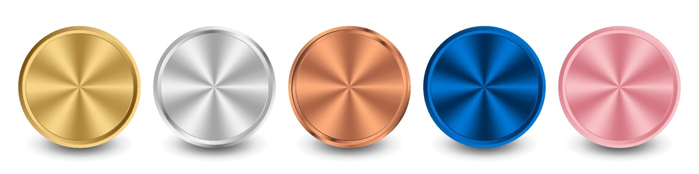 Collection of gold, silver, bronze, blue metal, and pink metal radial metallic gradient. Plates with gold, silver, bronze metallic effect. Vector illustration