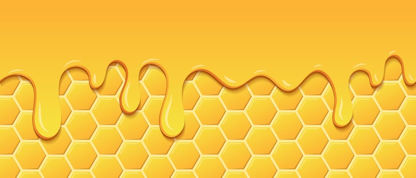 Yellow pattern with honeycomb and honey drips. Dripping honey seamless pattern. Gold honey hexagonal cells seamless texture. Vector illustration