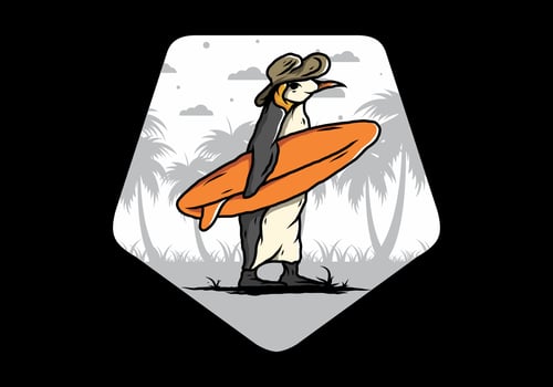 Cute penguin carrying a surfboard on the beach illustration vector